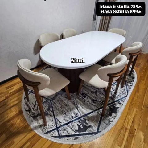Ağ ovala yaxın masa və yumşaq kürsülər dəsti - Masa: parlaq ağ — Mehdiabad