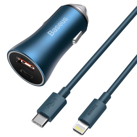 Car Adapter Baseus + Kabel Type-C↔IP 40W 1U+1PD Gray — Bakı