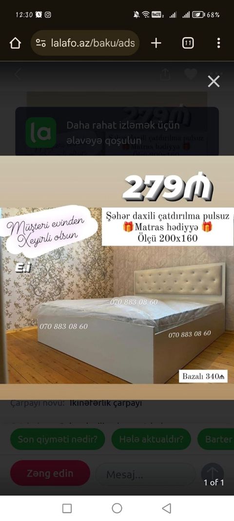 İki nəfərlik çarpayı - Ölçü: 200x160 sm - Başlıq: düyməli yumşaq — Bakı