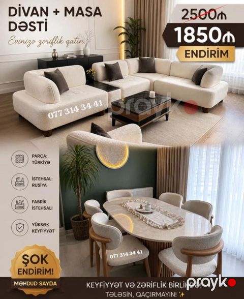 Divan + Masa Dəsti - Zərif və müasir dizaynlı yumşaq künc divan: açıq