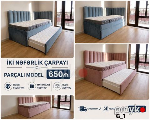 İki nəfərlik çekmeli çarpayı – parçalı model - Ölçü: 200 x 90 - Rəng — Bakı