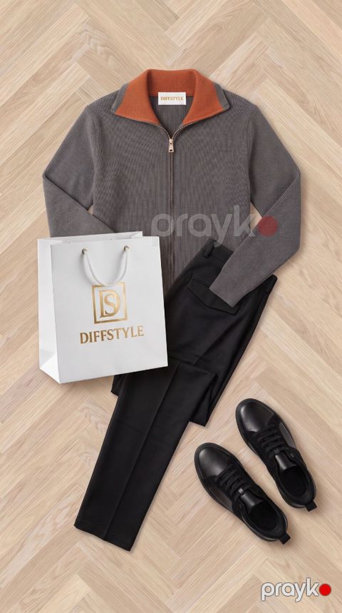 Dıffstyle kişi geyim dəsti - Trikotaj sviter: boz rəngdə, ön hissədən — Bakı