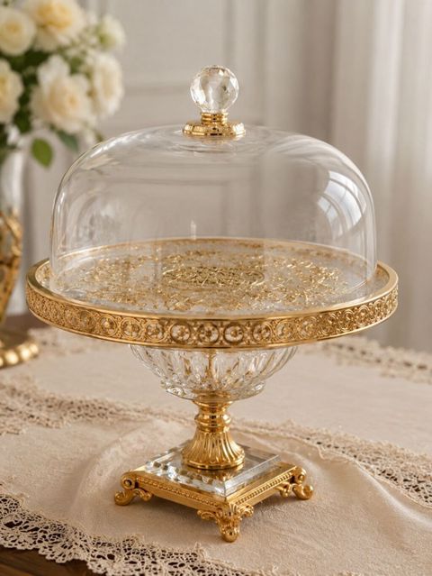 Tort və şiriniyyat qabı, rəng - Qızılı, Şüşə — Mingəçevir