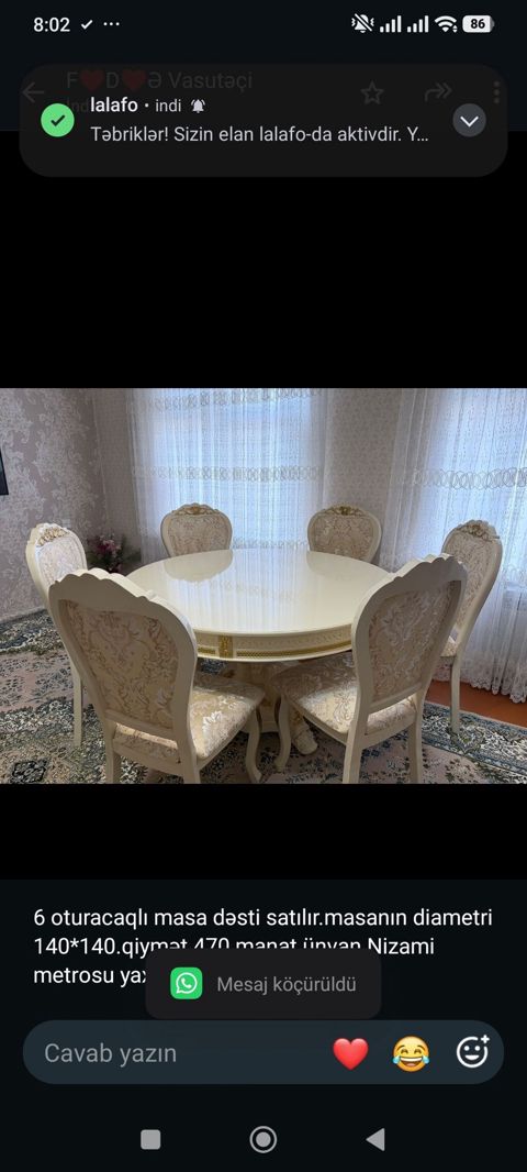 6 oturacaqlı masa dəsti satılır.masanın diametri 140*140.qiymət 470 — Aişə Xanım — Tables and chairs