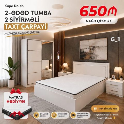 Yataq otağı mebel dəsti – G_1 modeli Tərkib: - Kupe dolab - Taxt — Bakı