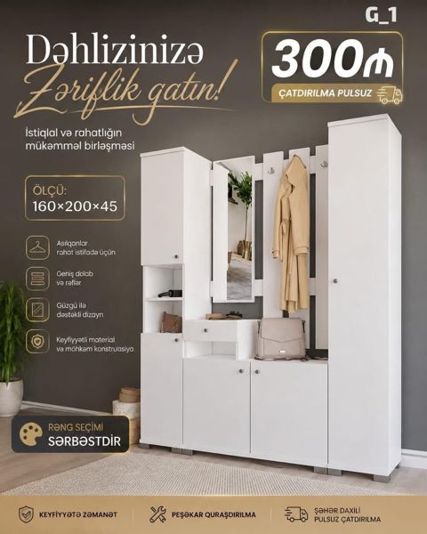 Dəhliz üçün çoxfunksiyalı mebel dəsti – model G_1 Ölçü: 160×200×45 — Bakı