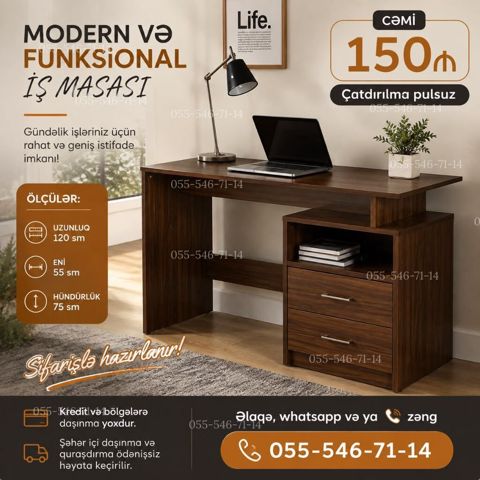 Modern və funksional iş masası - Gündəlik işlər üçün rahat və geniş — Bakı
