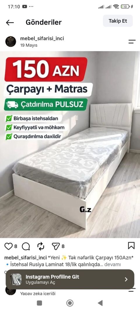 Tək nəfərlik çarpayı + matras dəsti - Qiymət: 150 AZN (çarpayı + — Mehdiabad