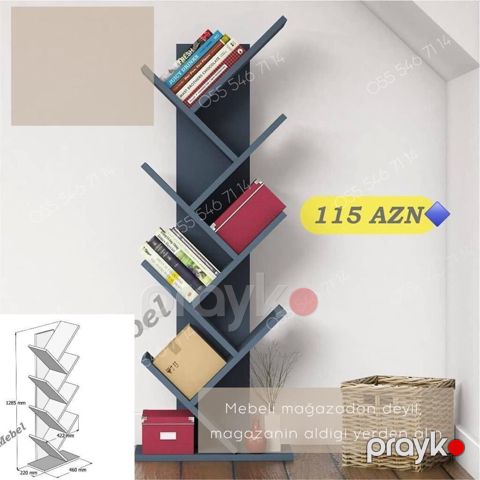 Məhsul: Kitab rəfi (şaquli “ağac” dizaynı) - Rəng: Tünd boz/grafit — Bakı