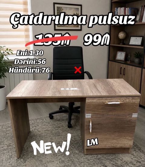 Ofis masası – taxta teksturalı, sağ tərəfdə şkaf bölməsi ilə — Bakı