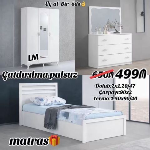 Üçlü yataq otağı dəsti – çatdırılma pulsuz Dəst tərkibi: - Çarpayı — Mehdiabad
