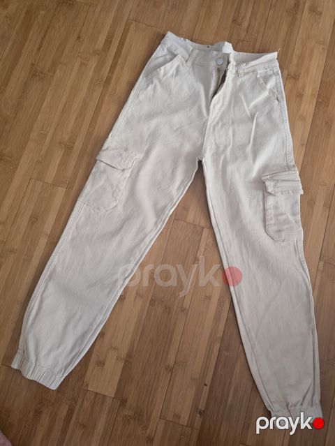 13-14 yaş üçün cins şalvar - Rəng: açıq krem/boz-ağ - Model: cargo