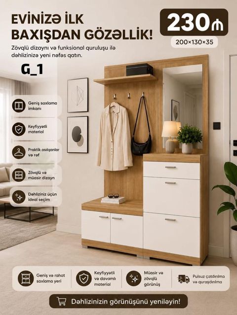 Dəhliz üçün funksional giriş mebeli – model G_1 Ölçü: 200 130 35 — Bakı