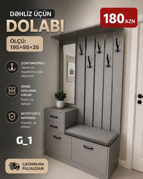 Dəhliz üçün çoxfunksiyalı dolab Ölçü: 195×95×35 sm Xüsusiyyətlər — Bakı