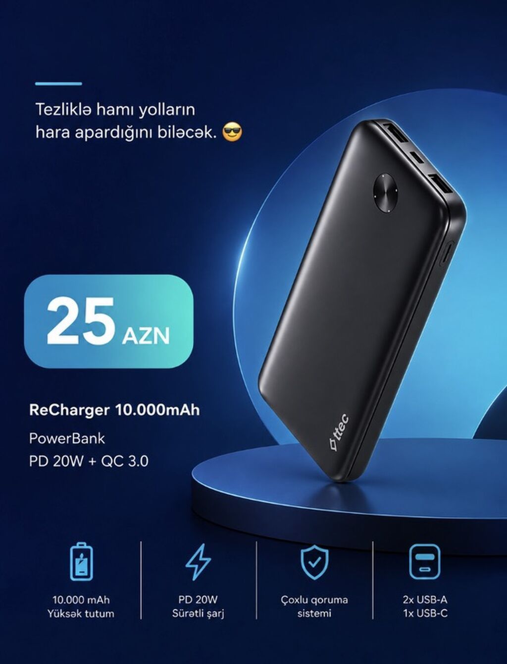 Powerbank 10000 mAh, Yeni — Elektronika, Bakı
