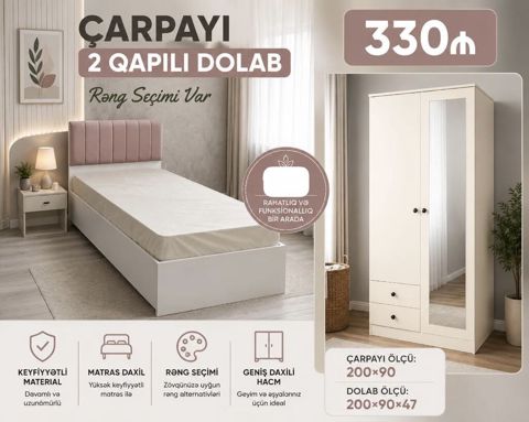 Çarpayı + 2 qapılı dolab dəsti - Rəng seçimi var - Rahatlıq və — Bakı