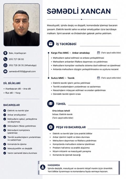 Xidmət: Elektrik‑texniki işlər və anbar əməliyyatları üzrə mütəxəssis — Bakı