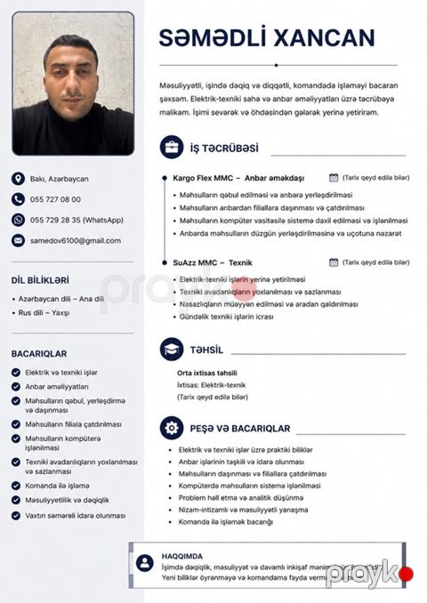 Xidmət: Elektrik‑texniki işlər və anbar əməliyyatları üzrə mütəxəssis — Bakı