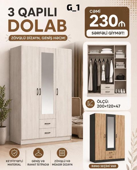 3 qapılı dolab – zövqlü dizayn, geniş həcm - Ölçü: 200 120 47 sm — Bakı