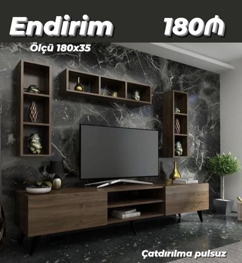 TV stend və divar rəfləri dəsti - Ölçü: 180 x 35 - Material: ağac — Bakı