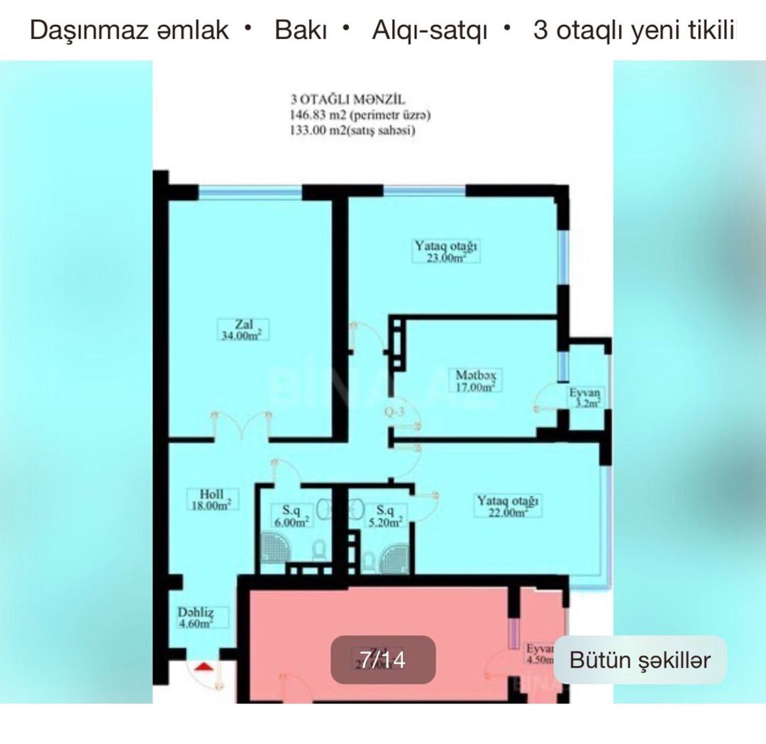 Satılır 3 otaqlı yeni tikili 133 m² — Mənzil, Bakı (7)