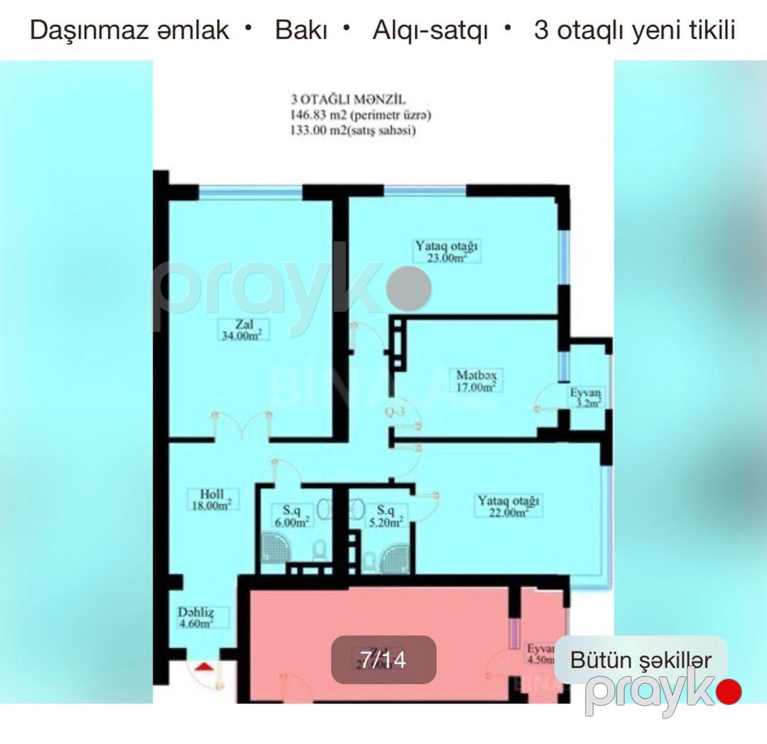 Satılır 3 otaqlı yeni tikili 133 m² — Mənzil, Bakı (7)