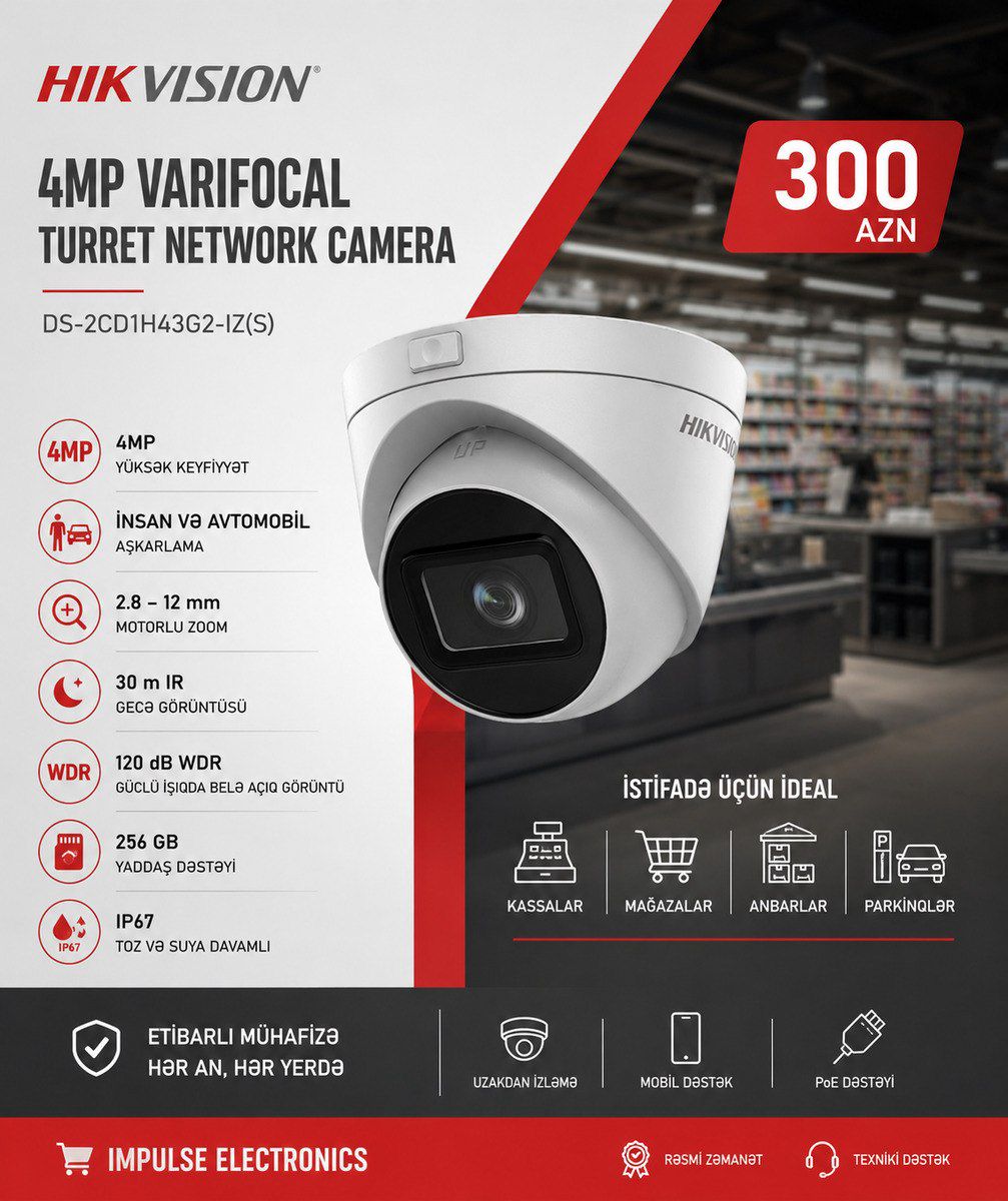 Hıkvısıon 4MP Motorlu Zoom IP Kamera — Təhlükəsizlik sistemləri, Bakı