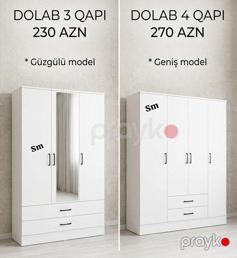 Ağ rəngli şkaf modelləri - 3 qapılı güzgülü model – 230 AZN Orta