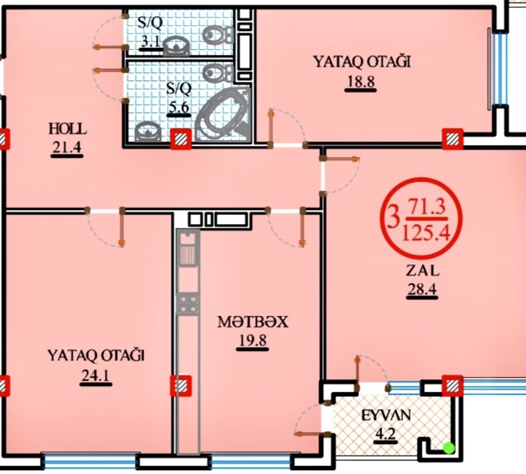Satılır 3 otaqlı yeni tikili 125.4 m² — Mənzil, Bakı (3)