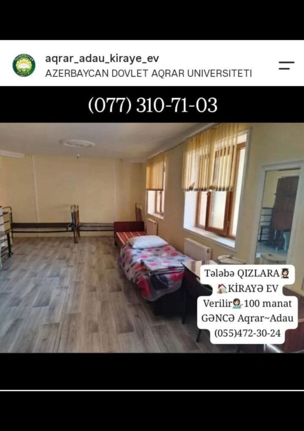 Yalnız tələbə qızlar üçün kirayə otaqlar – ADAU/Aqrar Universitetinə — Daşınmaz əmlak, Gəncə (4)