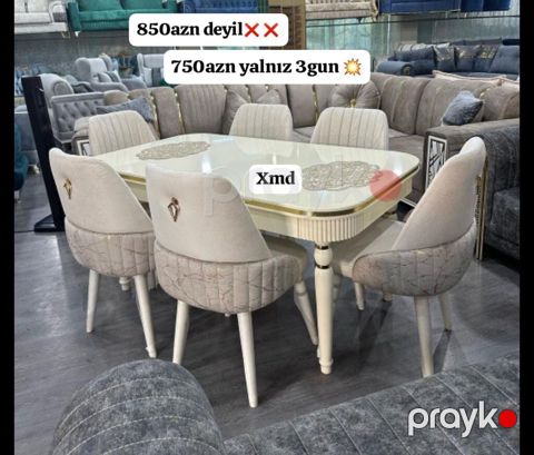 Yemək otağı üçün dəst – masa və 6 ədəd stul - Rəng: krem/ivori