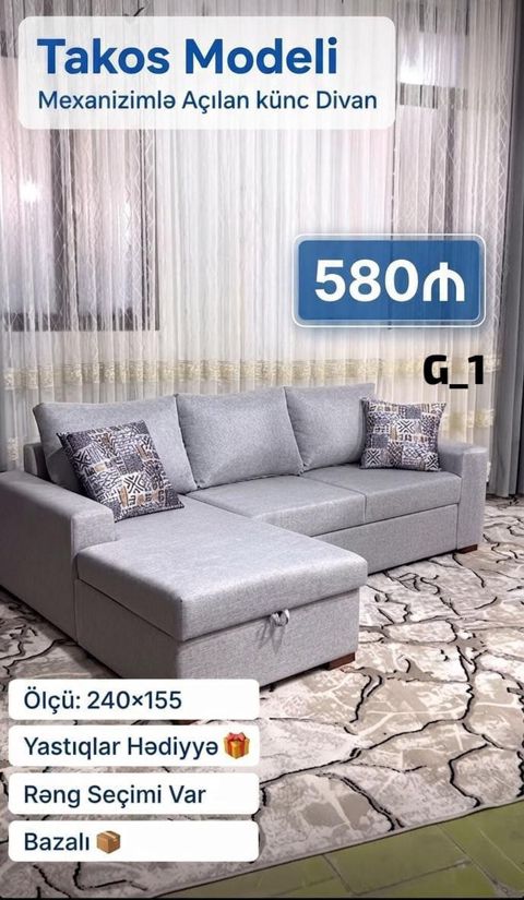 Takos modeli – mexanizmlə açılan künc divan - Ölçü: 240×155 sm — Bakı