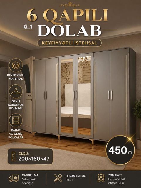 6 qapılı dolab – G_1 model Xüsusiyyətlər: - Keyfiyyətli istehsal — Bakı