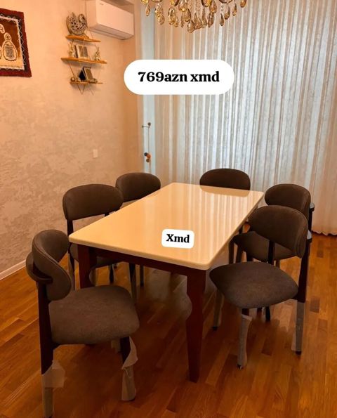 Yemək otağı dəsti – masa və 6 ədəd stul - Masa: düzbucaqlı, krem — Xırdalan