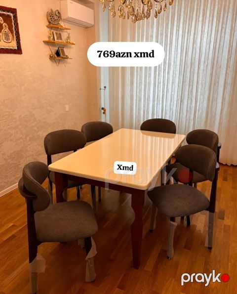 Yemək otağı dəsti – masa və 6 ədəd stul - Masa: düzbucaqlı, krem