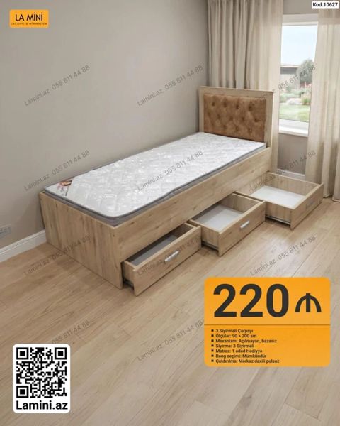 3 siyirməli tək çarpayı – kod: 10627 - Ölçü: 90×200 sm - Mexanizm — Bakı