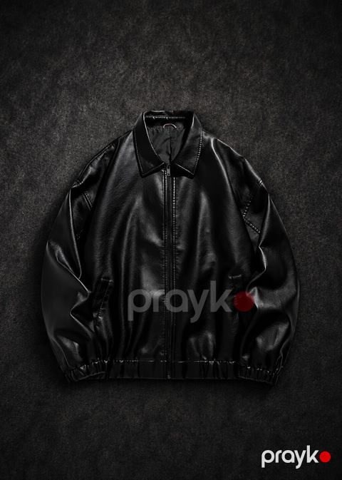Qara dəri effektli kişi gödəkçəsi - Model: zipli, düz kəsim, minimal — Sumqayıt