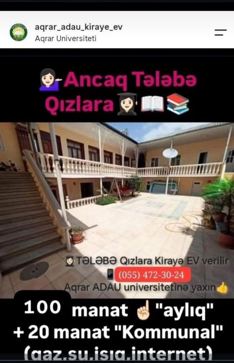 Yalnız tələbə qızlar üçün kirayə otaqlar – ADAU/Aqrar Universitetinə — Gəncə