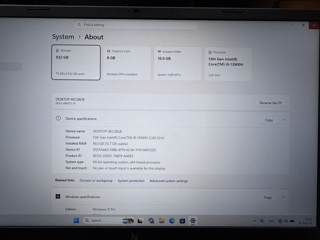 İşlənmiş Acer Nitro, 15.6 Intel Core i9, 1 TB, Ünvandan götürmə, Ödənişli çatdırılma, Rayonlara çatdırılma — Acer, Bakı (10)