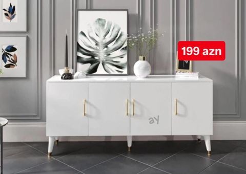 Ağ rəngdə, minimal dizaynlı komod/TV altlığı. - 4 qapılı saxlama — Bakı