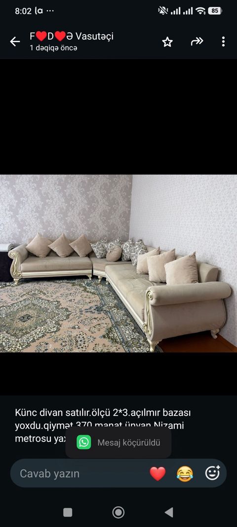 Künc divan satılır.ölçü 2*3.açılmır bazası yoxdu.qiymət 370 manat — Aişə Xanım — Divanlar