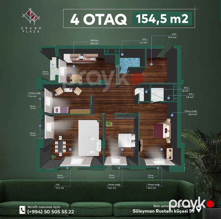 Satılır 4 otaqlı yeni tikili 154.5 m² — Mənzil, Bakı (3)