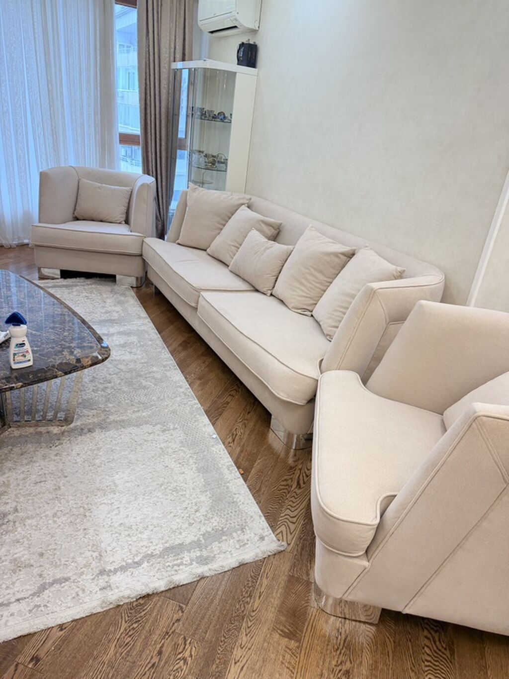 Bej rəngli yumşaq mebel dəsti - Komplekt: 3 nəfərlik divan + 2 ədəd — Mebel, Bakı (2)