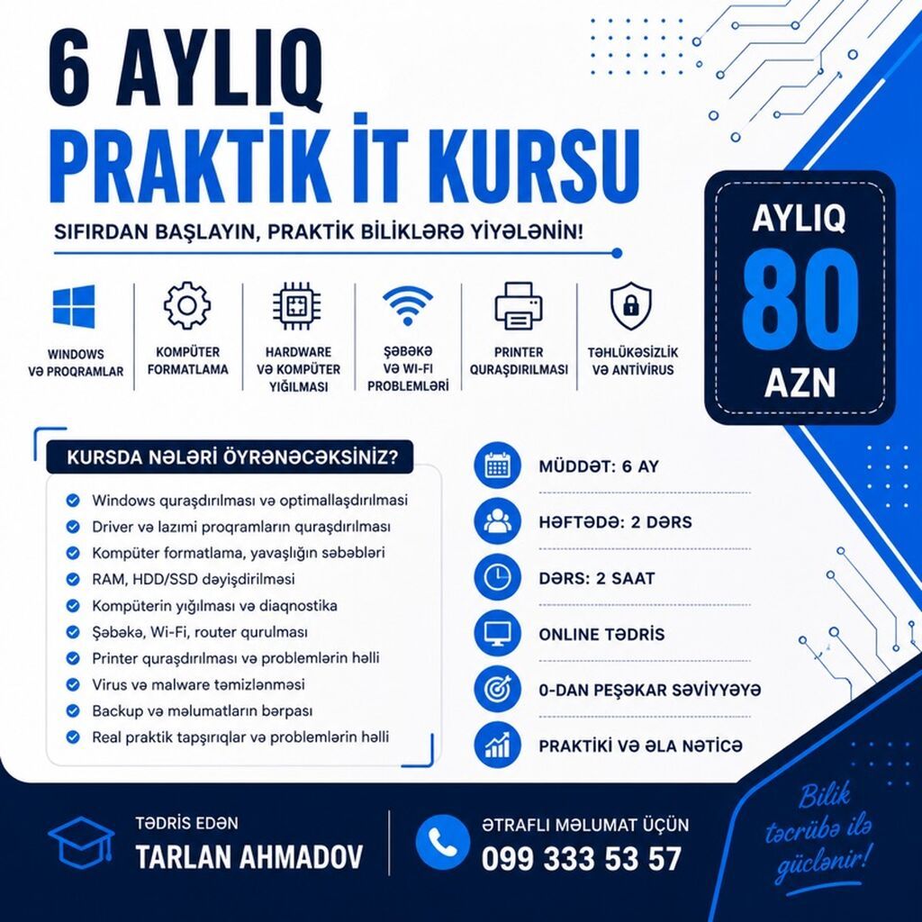 6 ayda it öyrən, biliklərini gəlirə çevir Whatsappda yazin — Təlim, kurslar, Gəncə