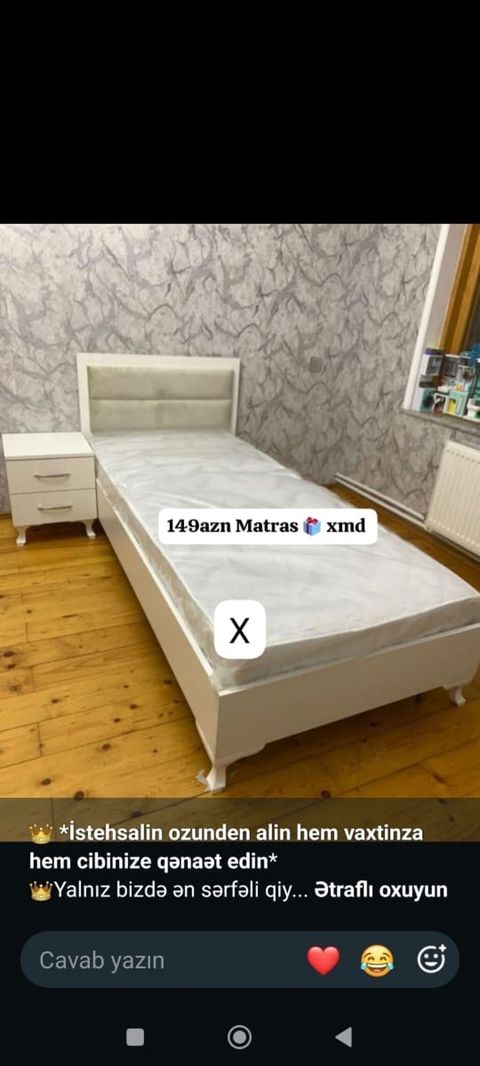 Tək nəfərlik yataq dəsti – zərif ağ dizayn - Dəst: çarpayı (yumşaq — Bakı