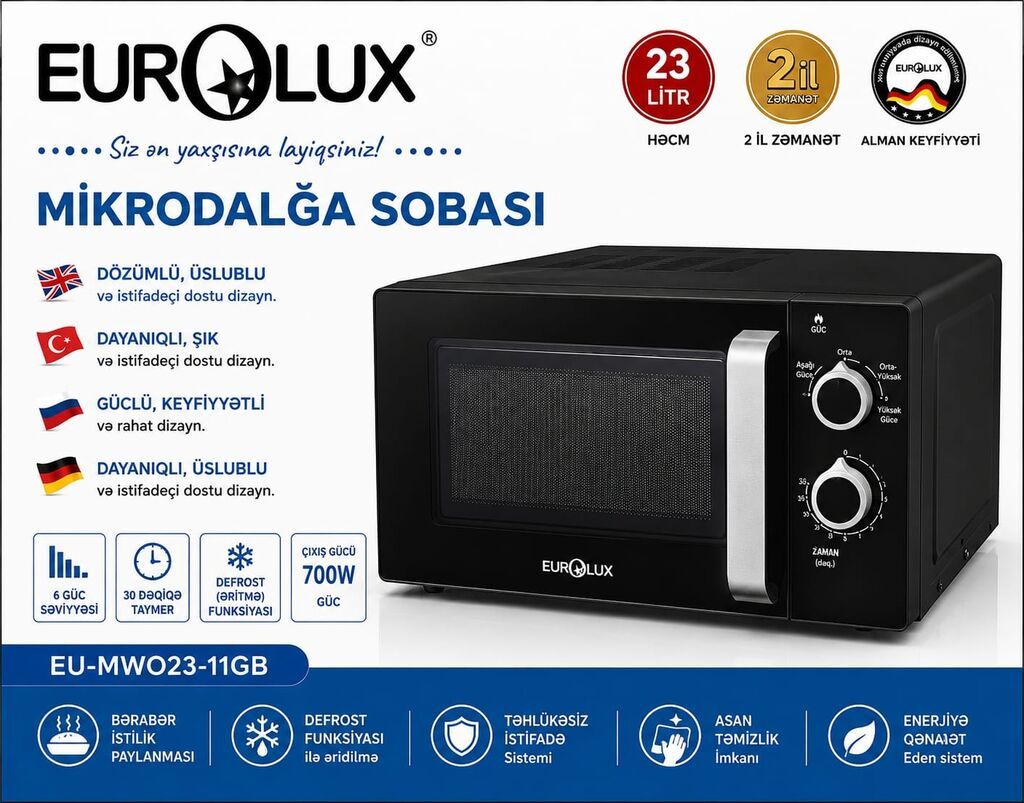 Mikrodalğalı soba Eurolux, Ayrıca dayanan, Mikrodalğalar ilə, rəng - Qara, Yeni — Mikrodalğalı sobalar, Bakı
