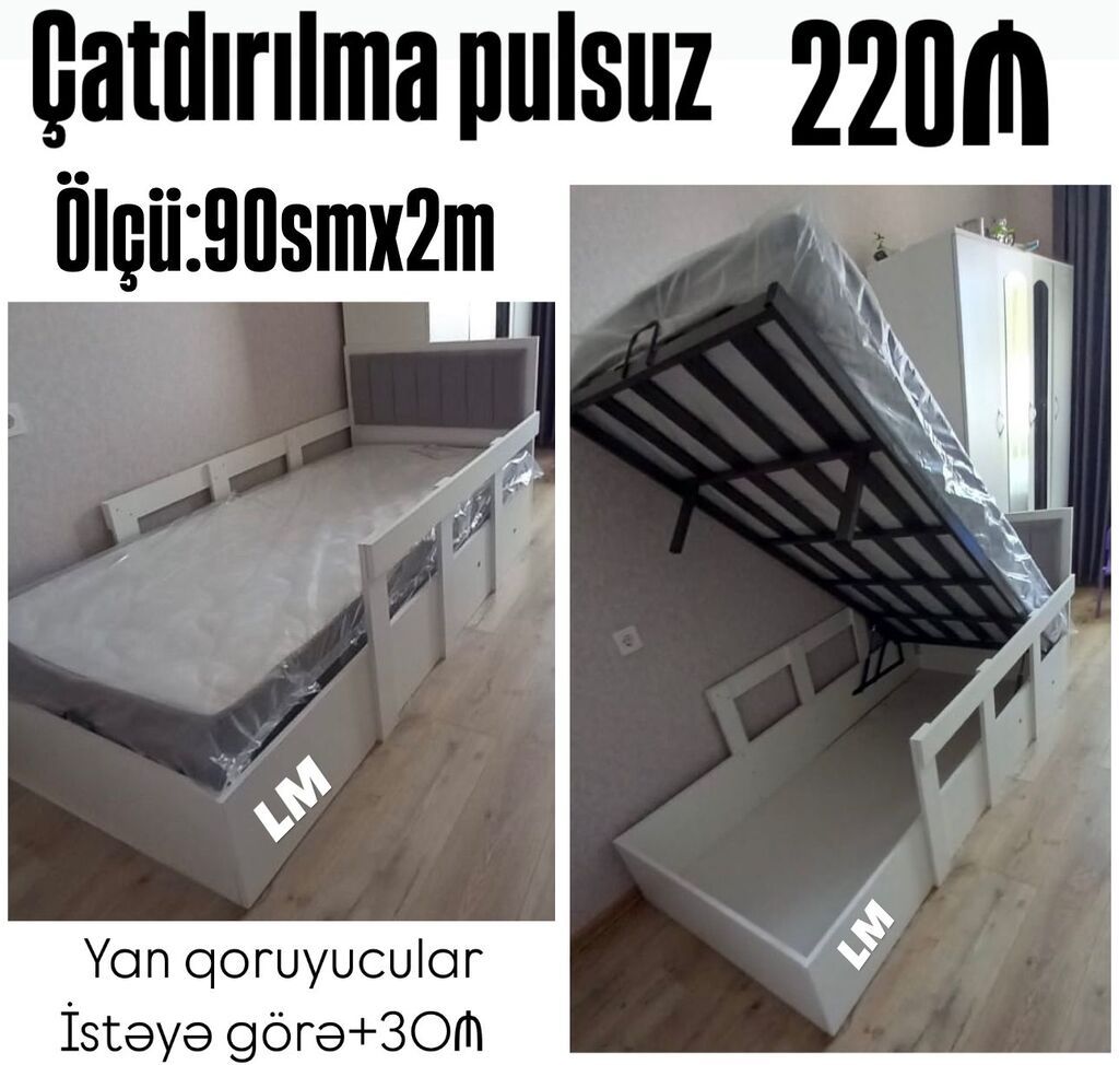 Tək nəfərlik çarpayı – 90 sm x 2 m - Başlıq hissəli, modern dizayn — Yataqlar, Bakı
