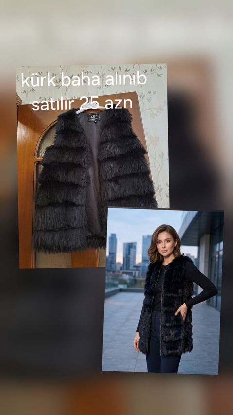 Qadınlar üçün qara kürk jilet. Uzun model, qat-qat tüklü/saçaqlı — Bakı