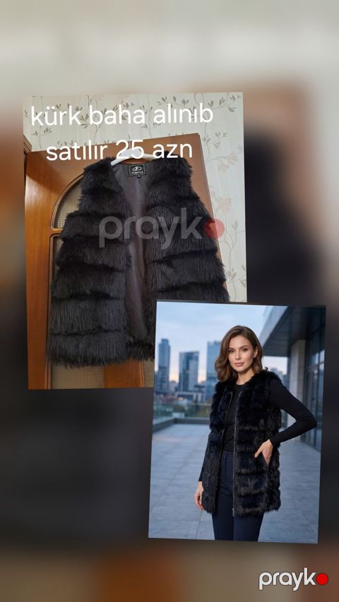 Qadınlar üçün qara kürk jilet. Uzun model, qat-qat tüklü/saçaqlı — Bakı