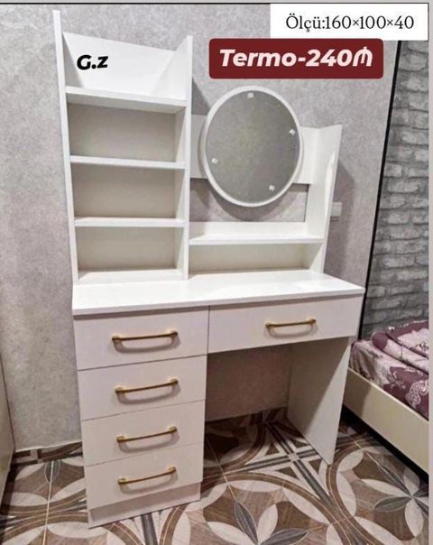 Ağ rəngdə kosmetik masa və rəfli güzgü dəsti. Xüsusiyyətlər — Bakı